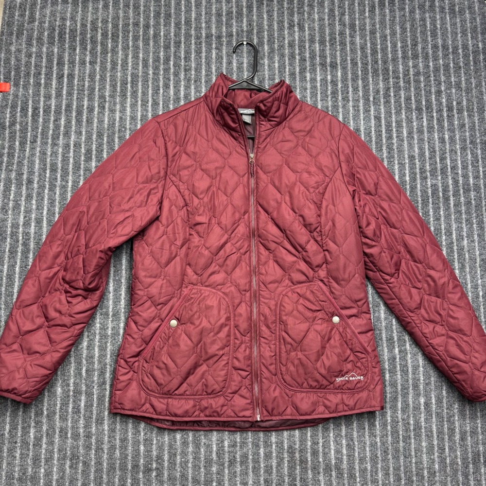 Eddie Bauer Womens Quilted Jacket Large Burgundy Red Full Zip Mock Neck Outdoor